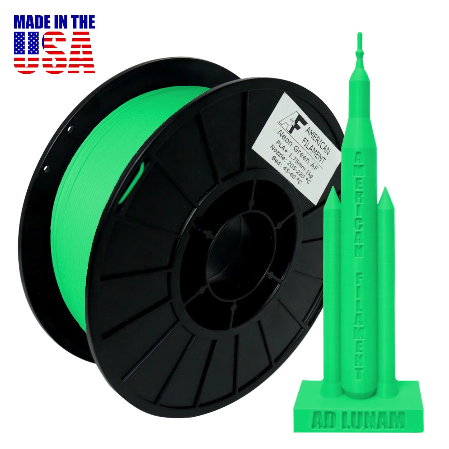 Neon Green AF 1.75mm PLA+ Filament Made in the USA! PLA+ Filament 3DPrintiverse.com