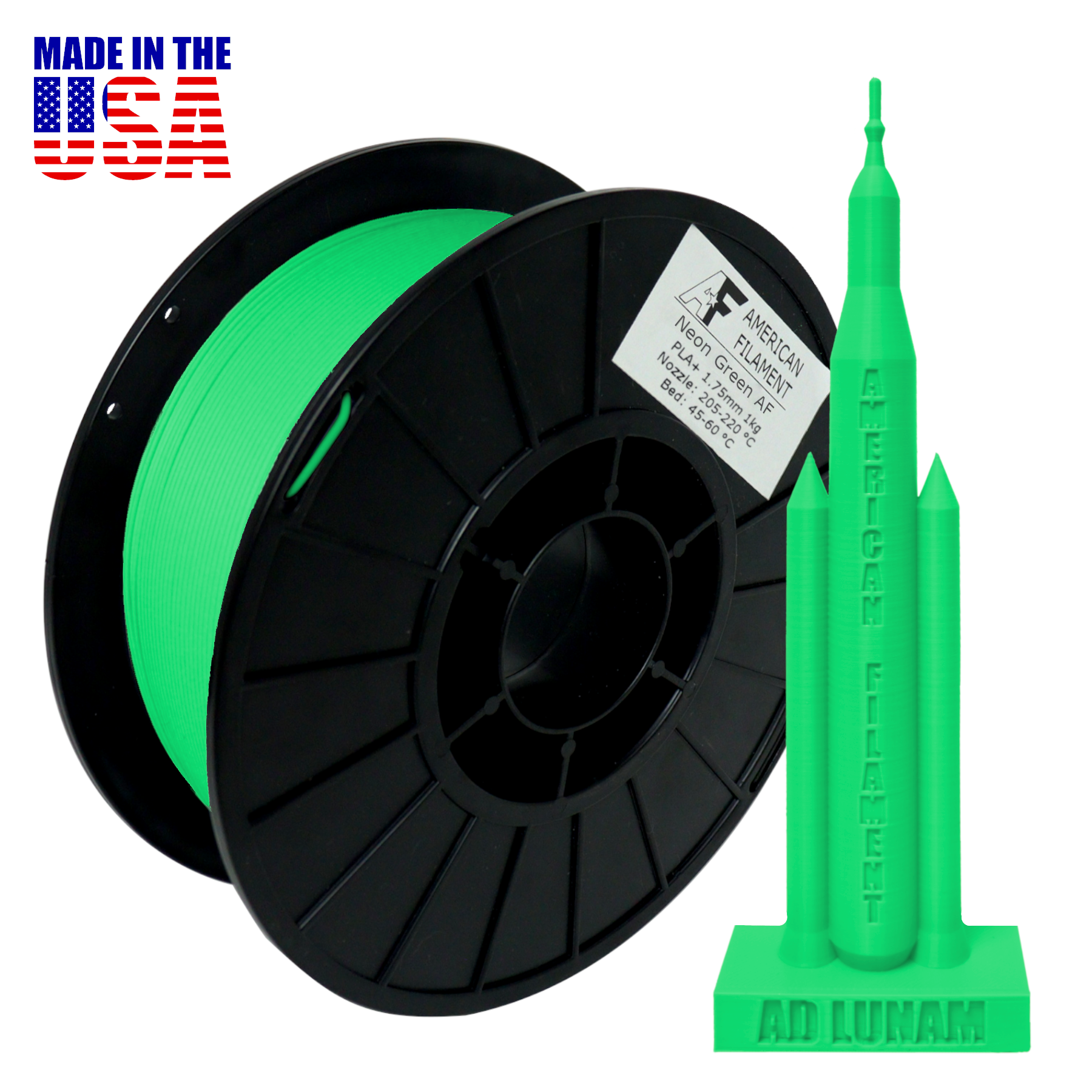 Neon Green AF 1.75mm PLA+ Filament Made in the USA! American Filament