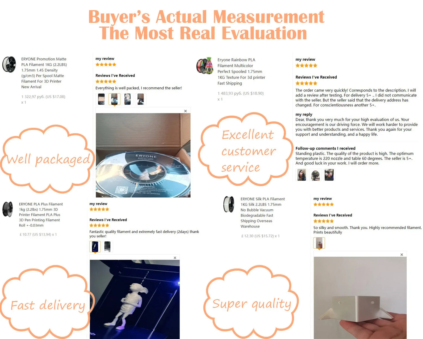 ERYONE PETG Filament 1kg 1.75mm ±0.03mm For 3D Printer,1KG (2.2LBS) 3D Printing Fast Shipping