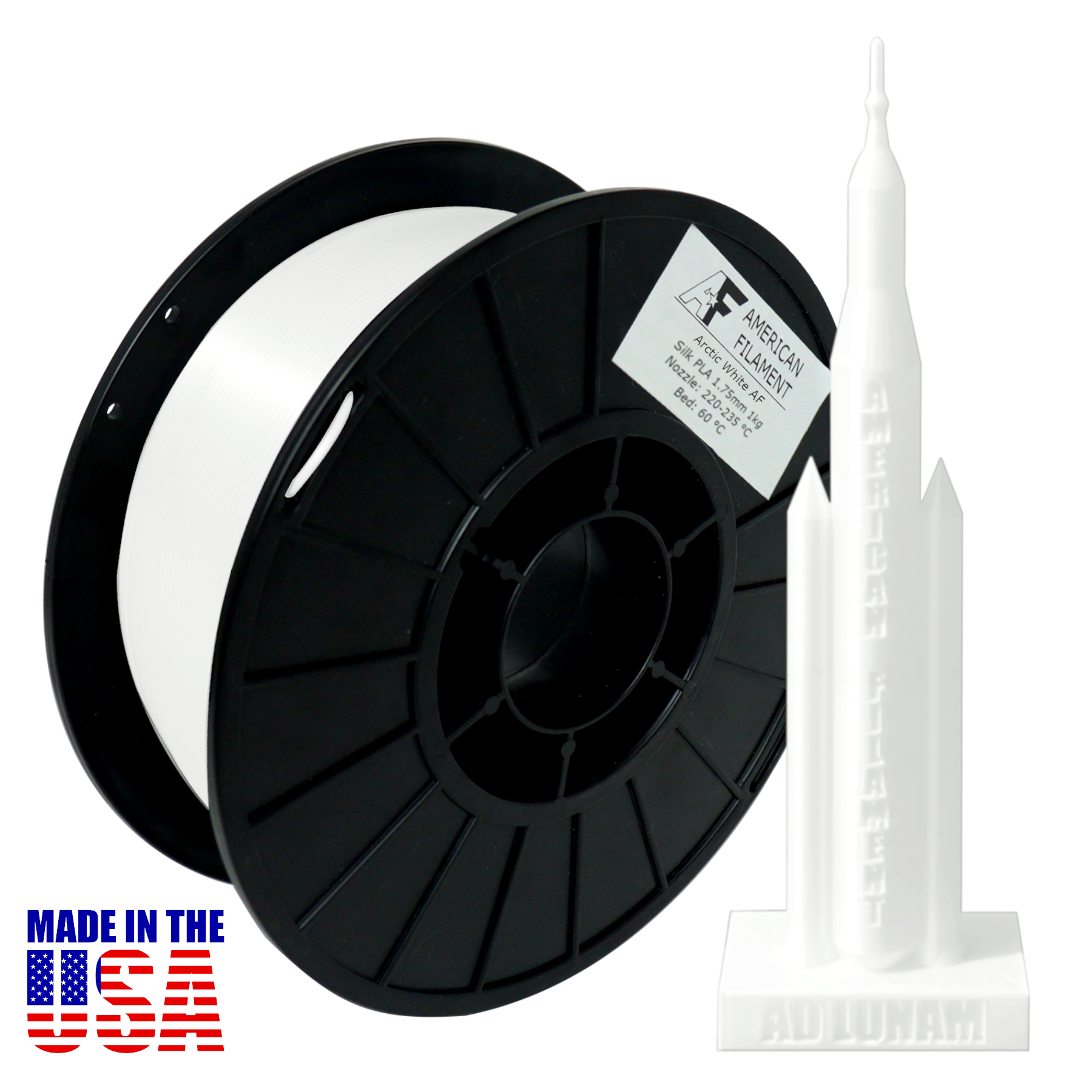 Arctic White AF Silk PLA 3D Printer Filament,1.75 mm Diameter,1 kg Spool American Filament