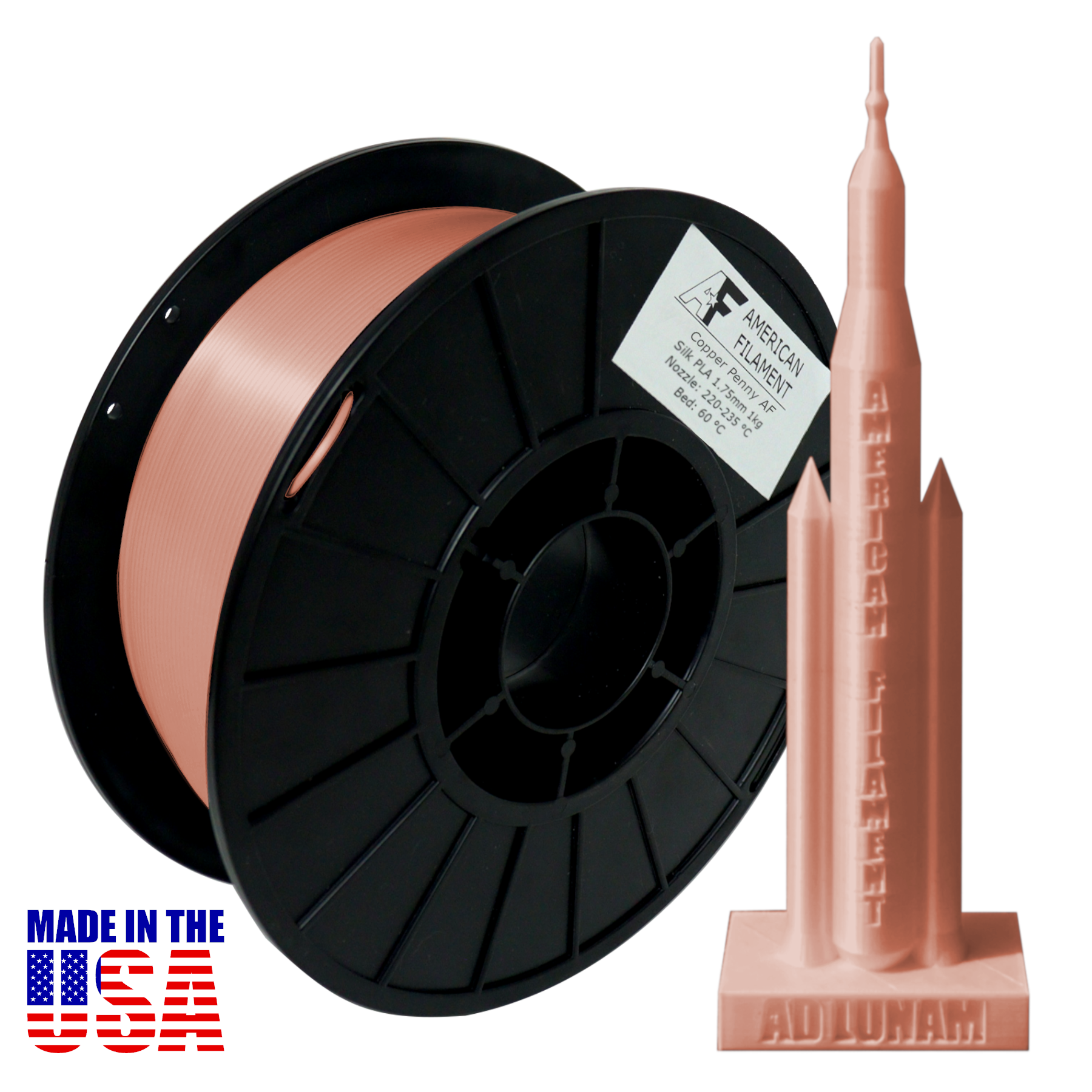 Rose Gold AF Silk PLA 3D Printer Filament, 1.75 mm Diameter, 1 kg Spool American Filament