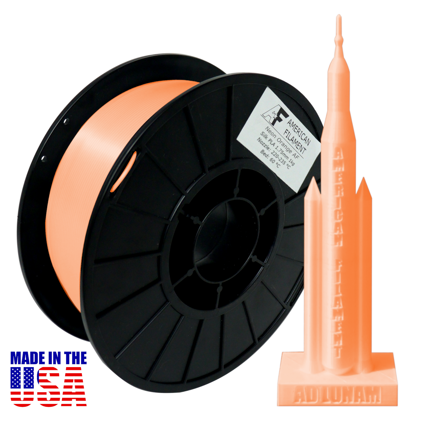 Neon Orange AF Silk PLA 3D Printer Filament,1.75 mm Diameter,1 kg Spool American Filament