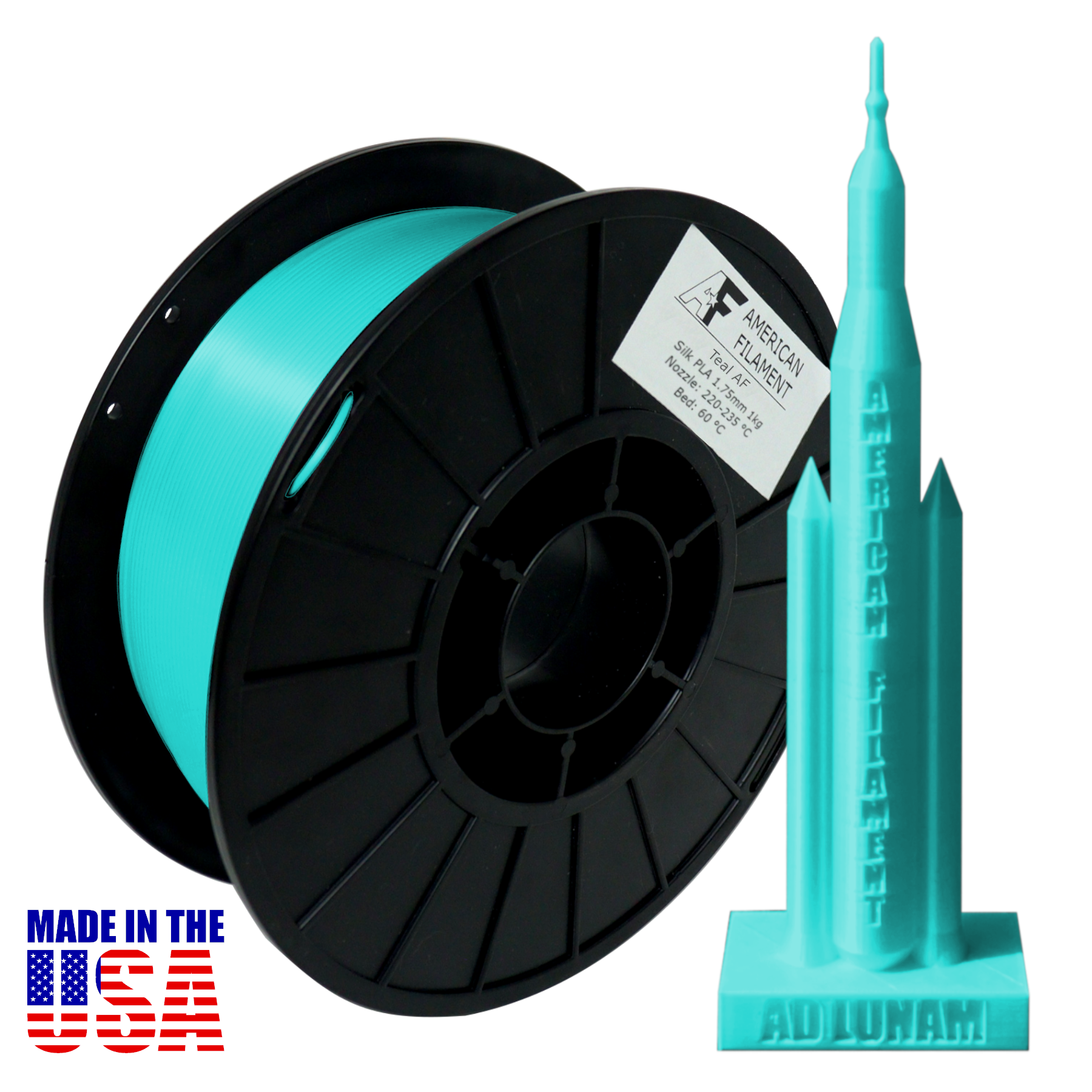 Teal AF Silk PLA 3D Printer Filament, 1.75 mm Diameter, 1 kg Spool American Filament