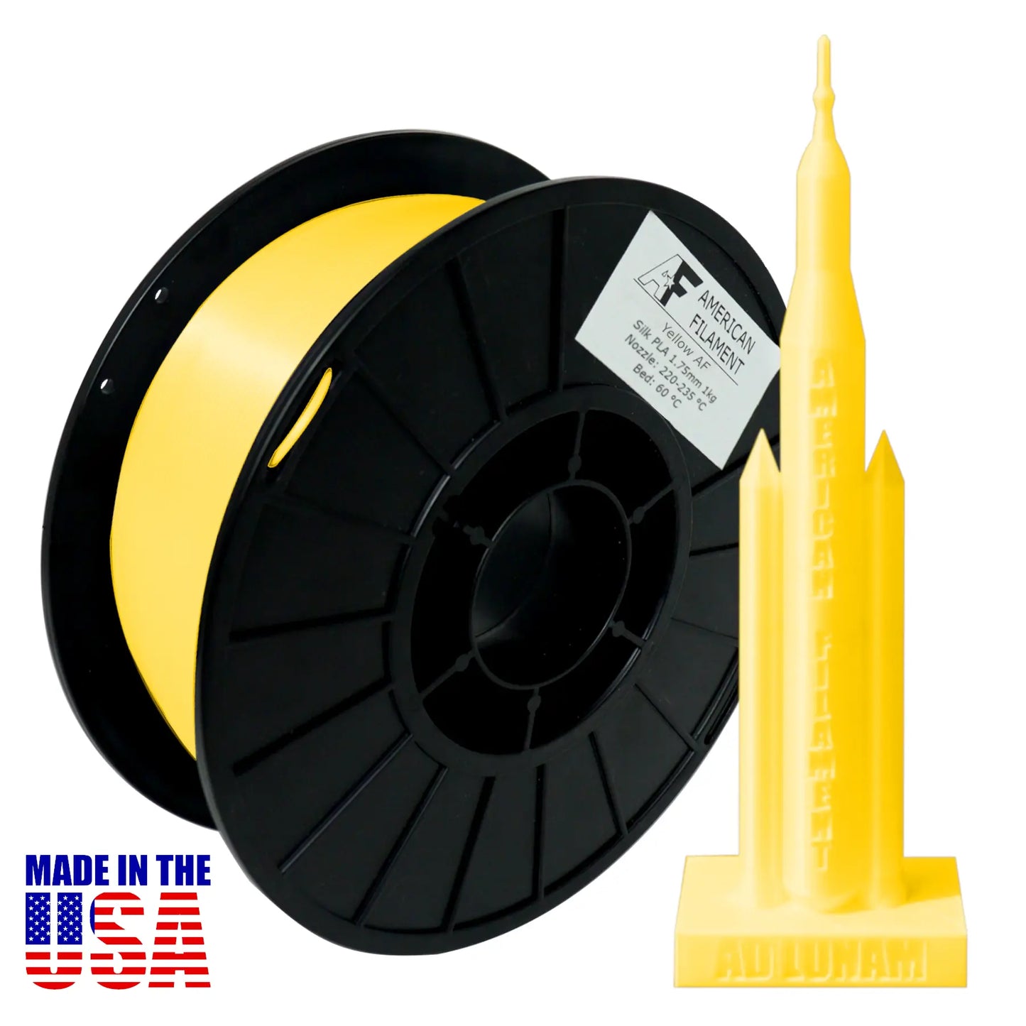 Yellow AF Silk PLA 3D Printer Filament, 1.75 mm Diameter, 1 kg Spool Silk PLA 3DPrintiverse.com
