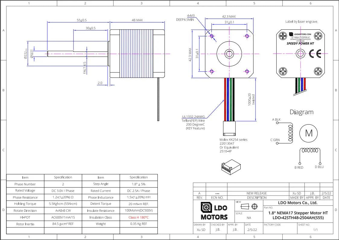 LDO Motors 42STH48-2504AH (S55) Super Power High Temp NEMA 17 Stepper Motor - High Performance High Temperature 55mm Shaft 3DPrintiverse.com