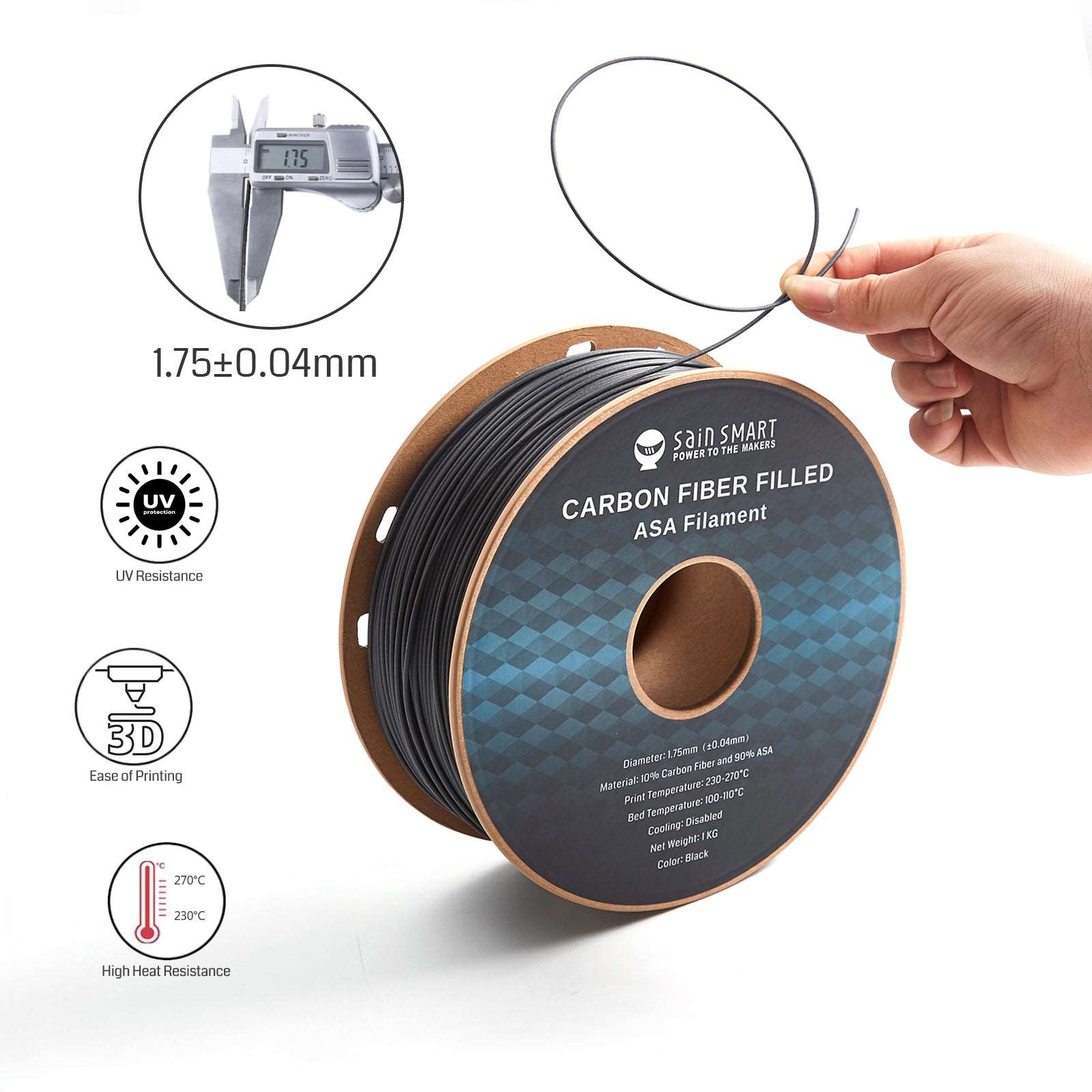 Carbon Fiber ASA Filament, 1.75mm Black, UV & Weather Resistant, Fit for Outdoor Functional Parts, 1kg, Accuracy +/- 0.04 mm   Filament   3DPrintiverse.com