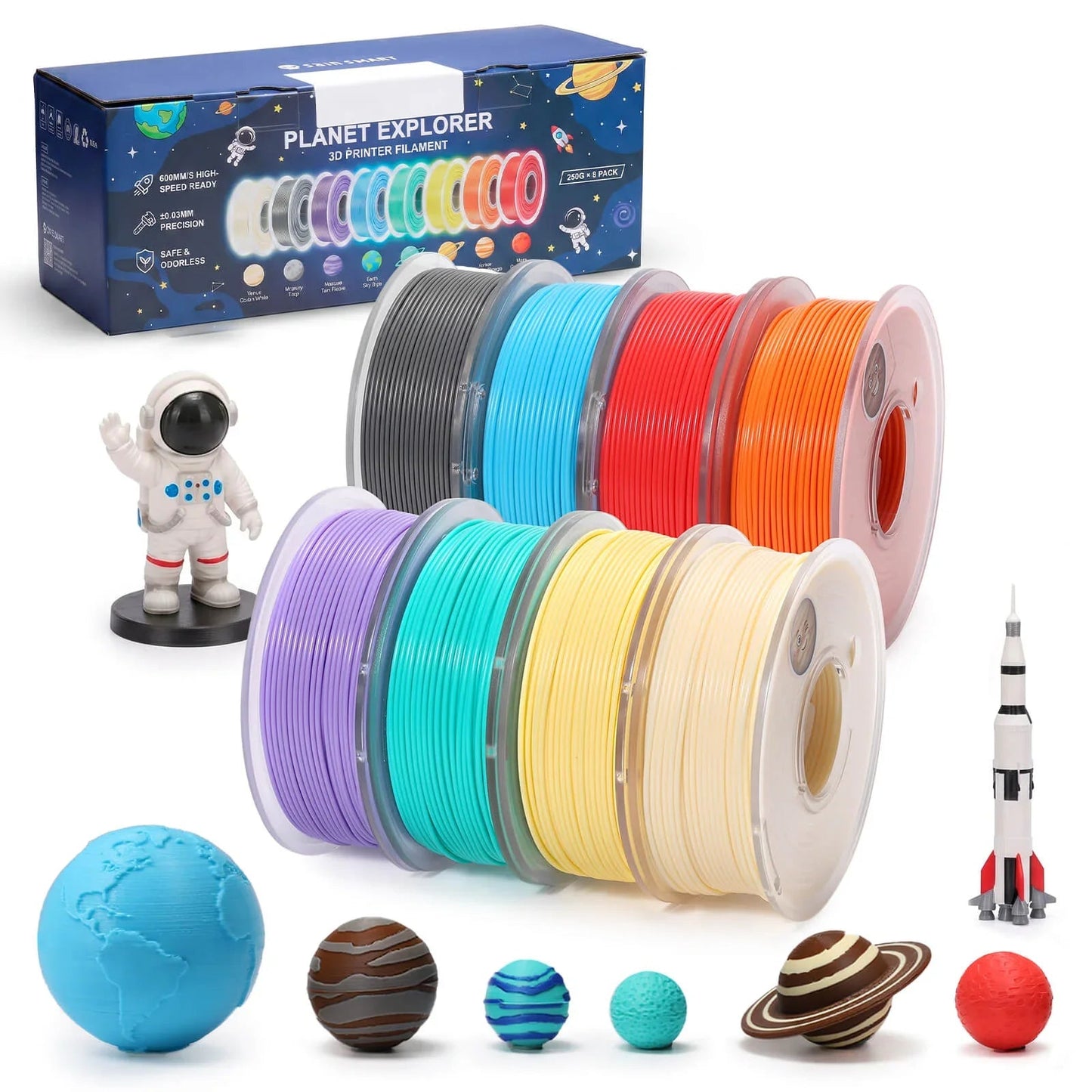 PLA Filament 1.75mm, Planet Explorer 8-Color Mini Spool Bundle, 250g Each, High-Speed PLA, +/-0.02mm Accuracy, Easy-to-Print, Compatible with Most FDM 3D Printers   Filament   3DPrintiverse.com