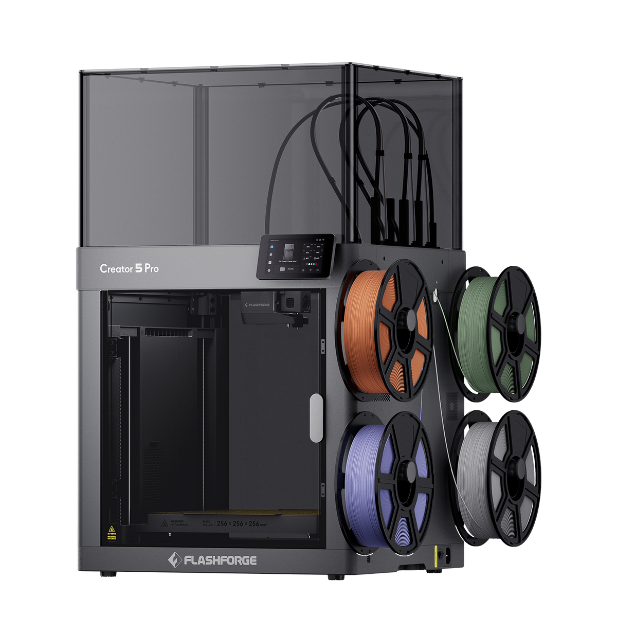 Flashforge Creator 5 Pro enclosed 4-toolhead multicolor 3D printer with four filament spools loaded