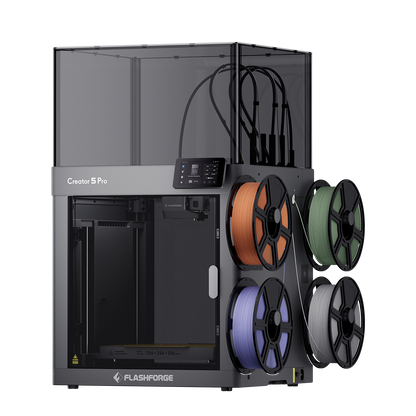 Flashforge Creator 5 Pro enclosed 4-toolhead multicolor 3D printer with four filament spools loaded
