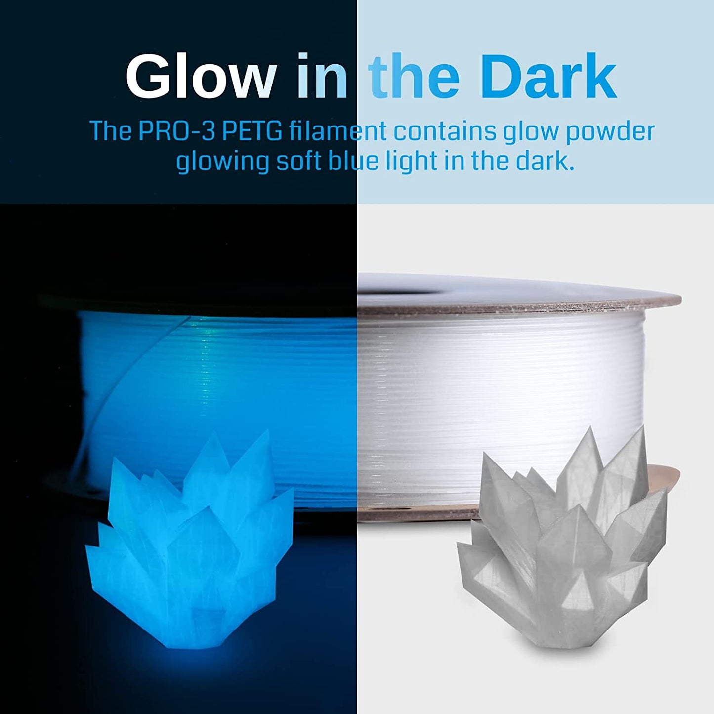 Glow-in-the-dark Blue 1.75mm PRO-3 PETG Filament, 1kg   Filament   3DPrintiverse.com