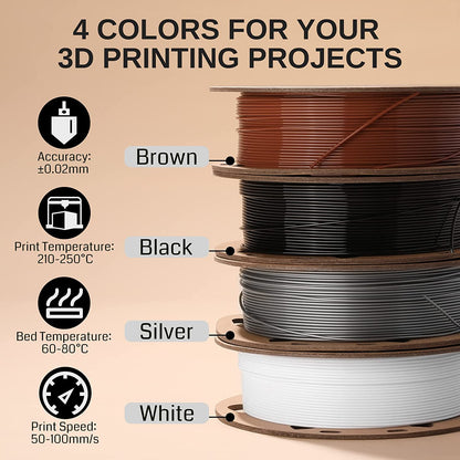 Black, White, Brown, Silver 1.75mm PRO-3 PETG Filament, 500g x 4pack   Filament   3DPrintiverse.com