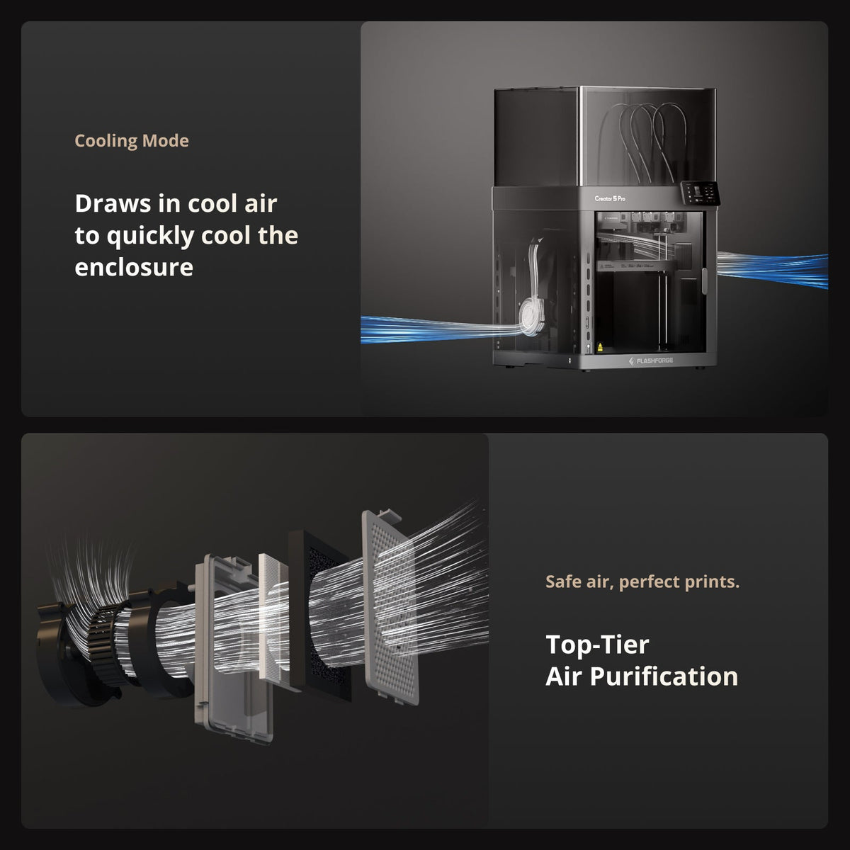 Flashforge Creator 5 Pro cooling mode and HEPA air purification