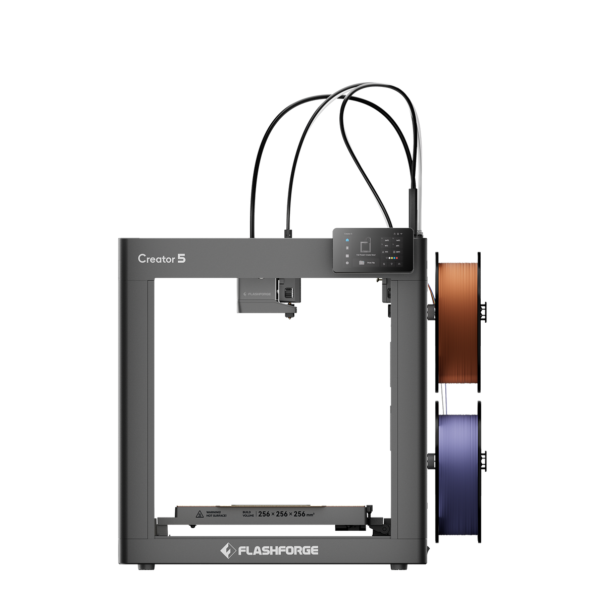 Flashforge Creator 5 3D printer side view with filament spools