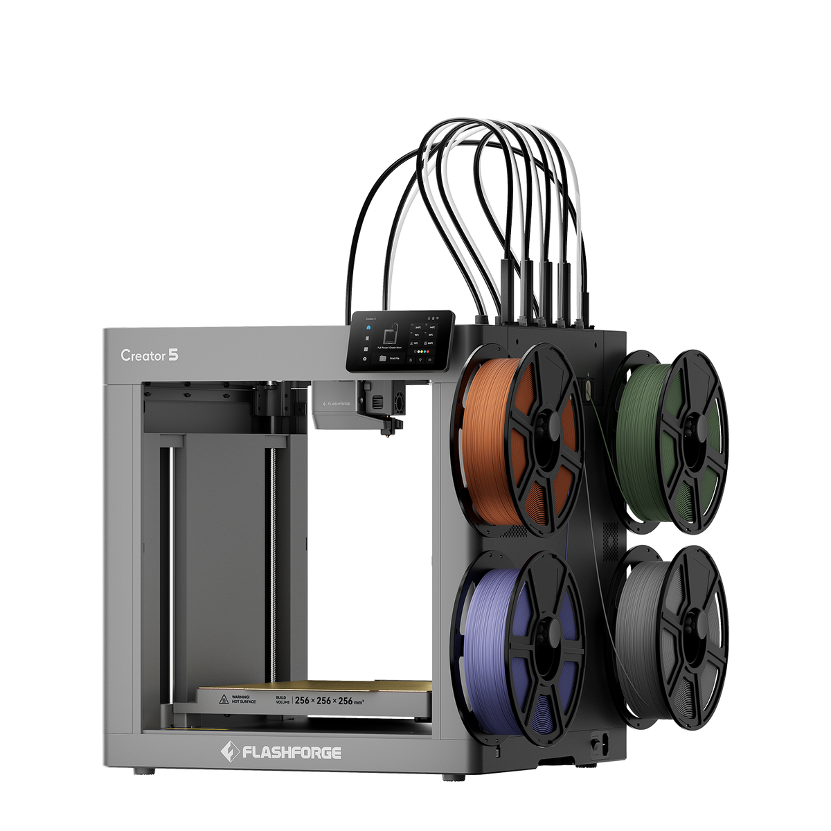 Flashforge Creator 5 4-toolhead multicolor 3D printer with four filament spools loaded
