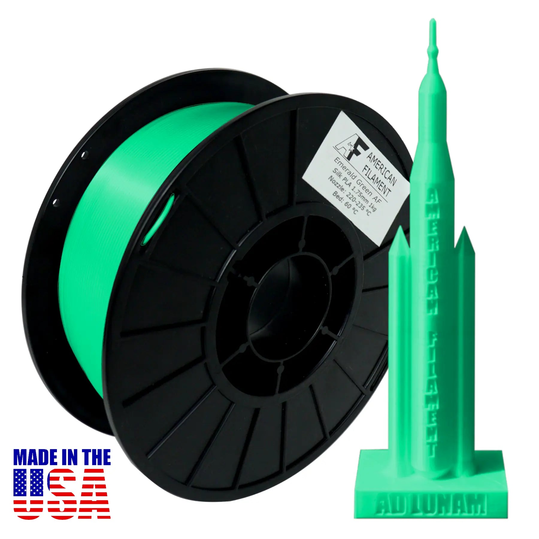 Emerald Green AF Silk PLA 3D Printer Filament,1.75 mm Diameter,1 kg Spool   Silk PLA   3DPrintiverse.com