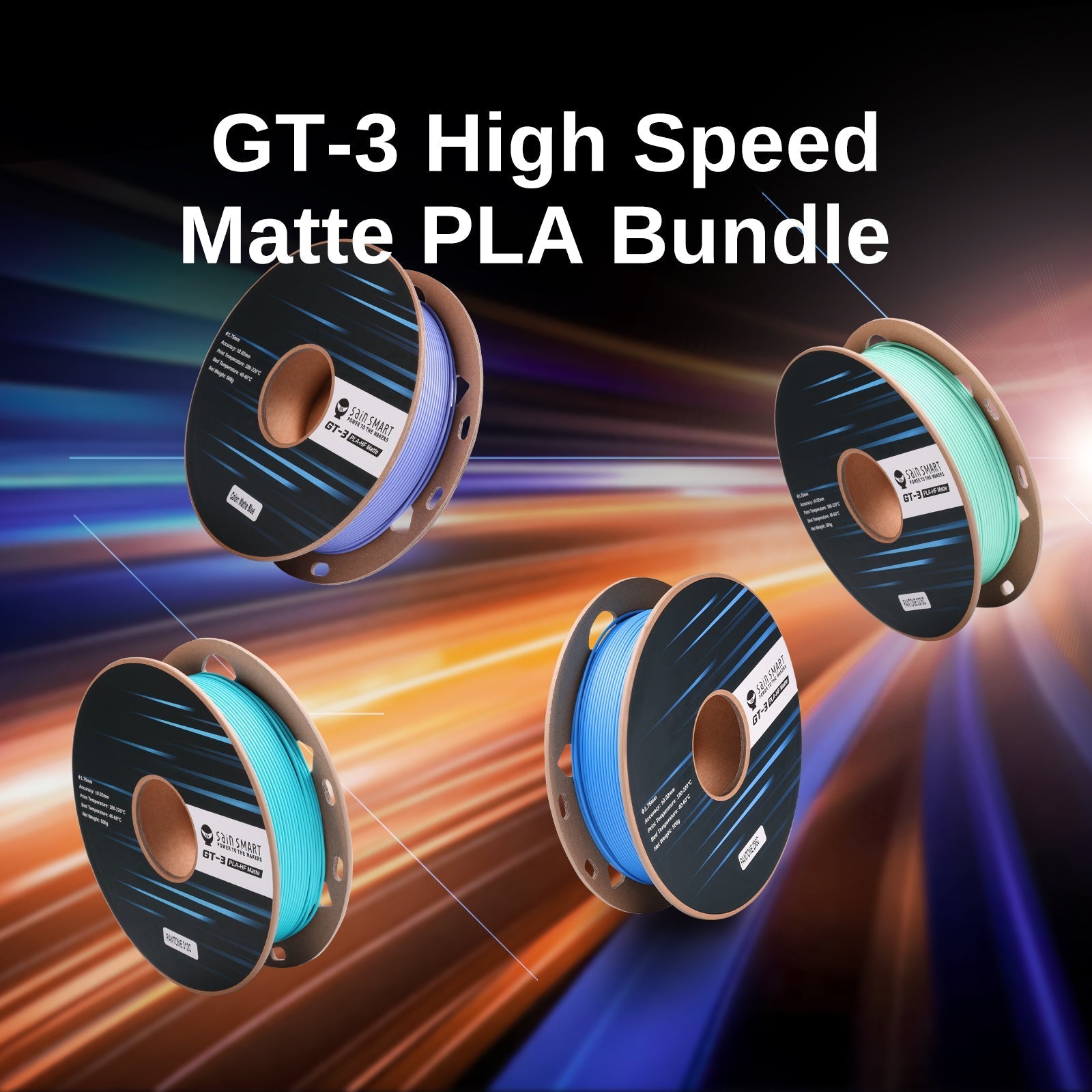 GT-3 High Speed Four-Color Bundle Matte PLA Filament, 1.75mm 500g X 4 Spools, 4.4lbs (2kg) Blue, Green, Violet, Indigo   Filament   3DPrintiverse.com