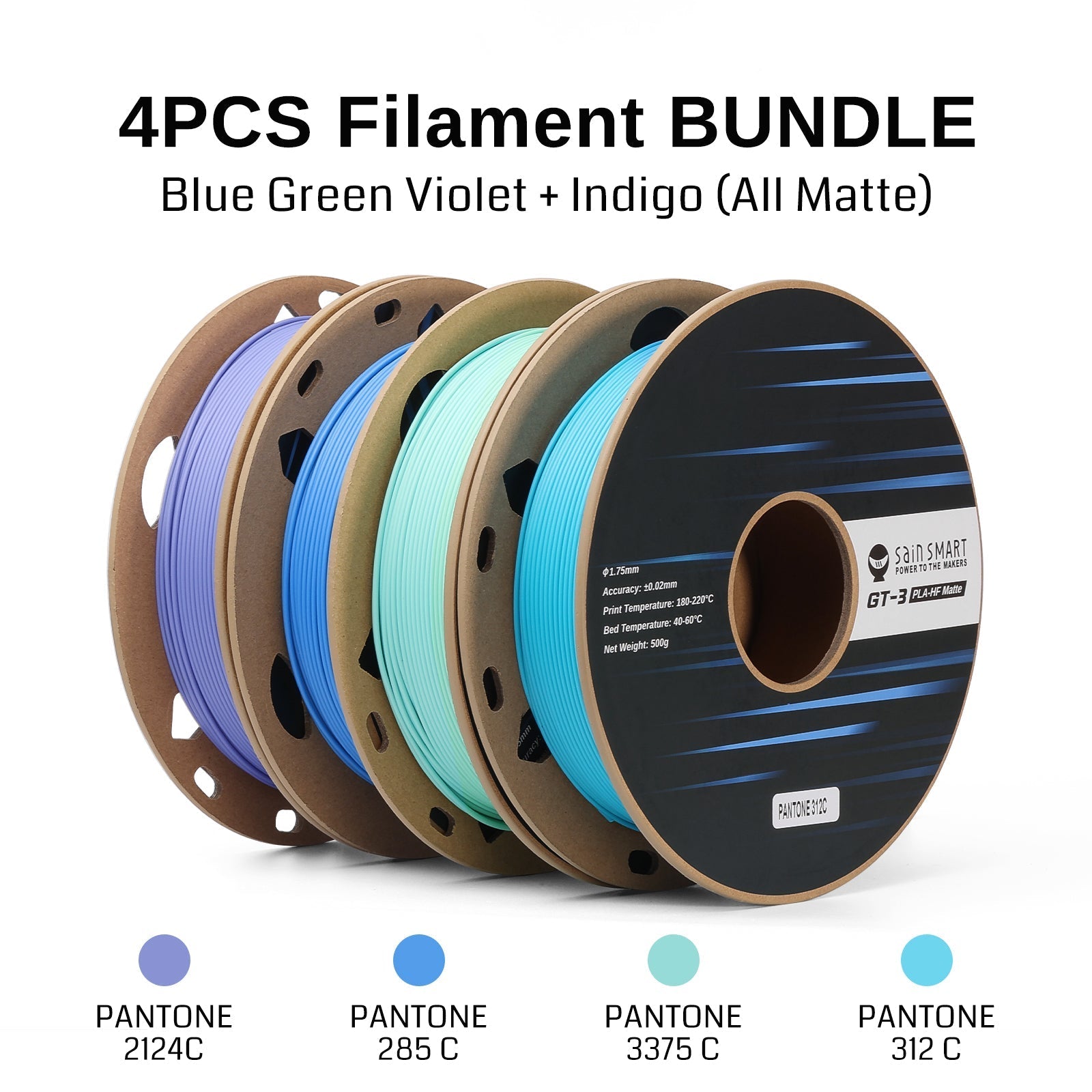 GT-3 High Speed Four-Color Bundle Matte PLA Filament, 1.75mm 500g X 4 Spools, 4.4lbs (2kg) Blue, Green, Violet, Indigo   Filament   3DPrintiverse.com