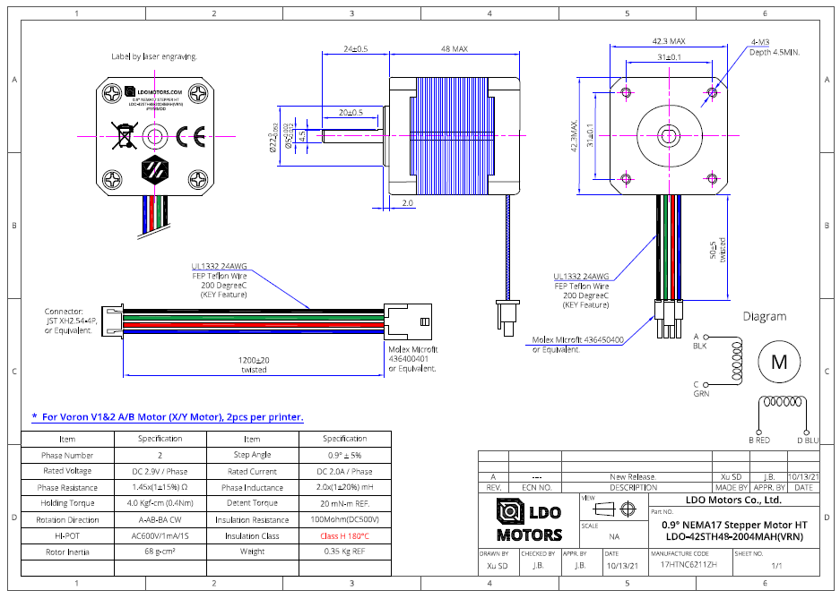 LDO Motors 42STH48-2004MAH NEMA 17 Stepper Motor - High Temperature   Motors   3DPrintiverse.com