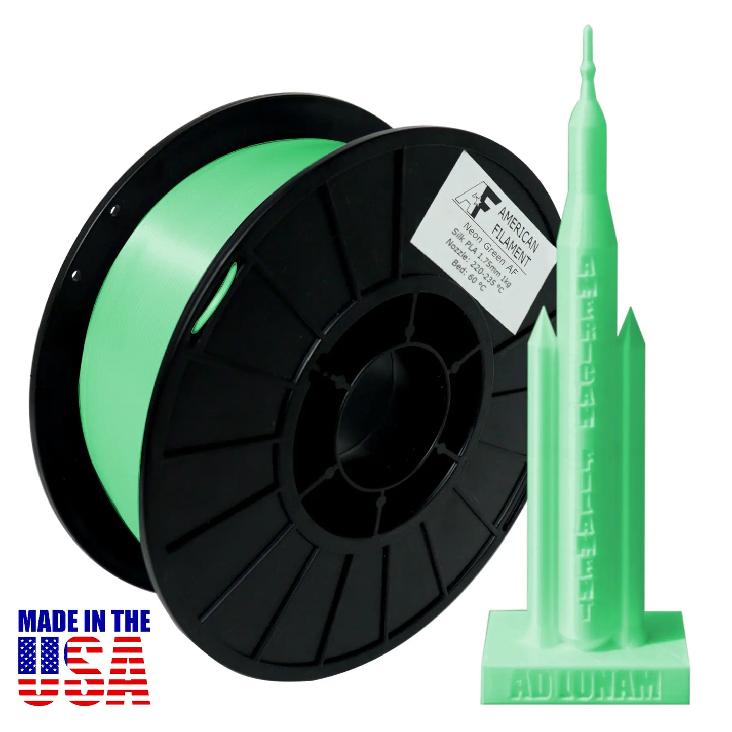Neon Green AF Silk PLA 3D Printer Filament,1.75 mm Diameter,1 kg Spool   Silk PLA   3DPrintiverse.com