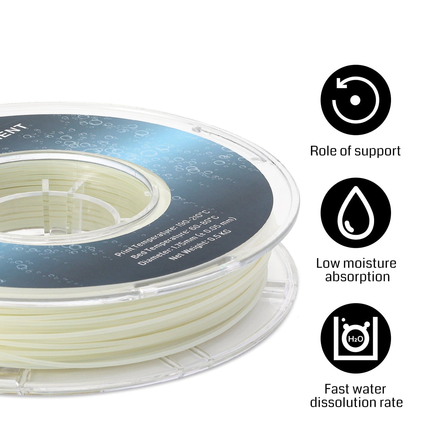 Natural PVA Dissolvable Filament, Water Soluble Support 1.75mm, 0.5kg/1.1lbs, Accuracy +/- 0.05mm   Filament   3DPrintiverse.com