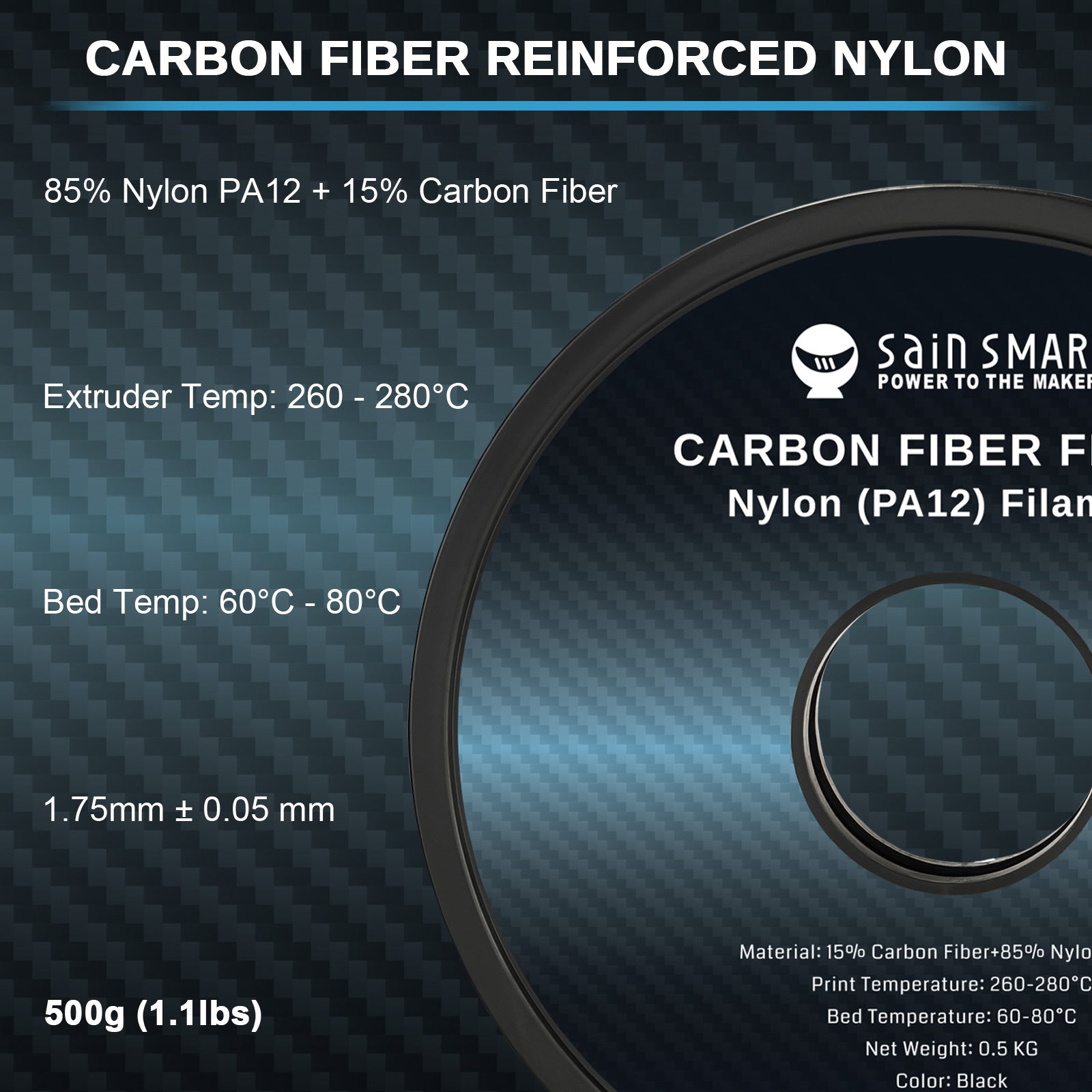 ePA12-CF 1.75mm Carbon Fiber Nylon Filament, 0.5kg, Accuracy +/- 0.05 mm, Black   Filament   3DPrintiverse.com