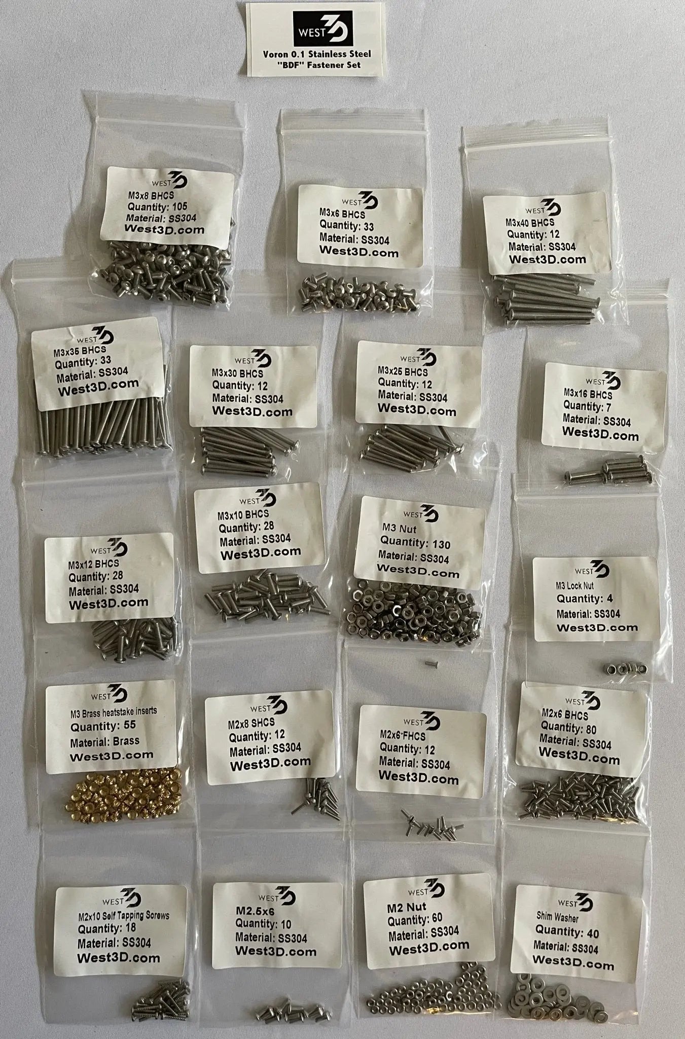 West3D Stainless Steel Fastener Kit for Voron v0.2 (BDF)   Hardware Fasteners   3DPrintiverse.com