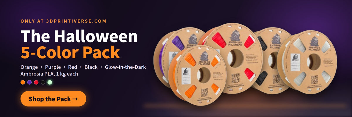 Halloween 5-Color Pack of Ambrosia PLA filament spools in orange, purple, red, black and glow-in-the-dark, only at 3DPrintiverse.com