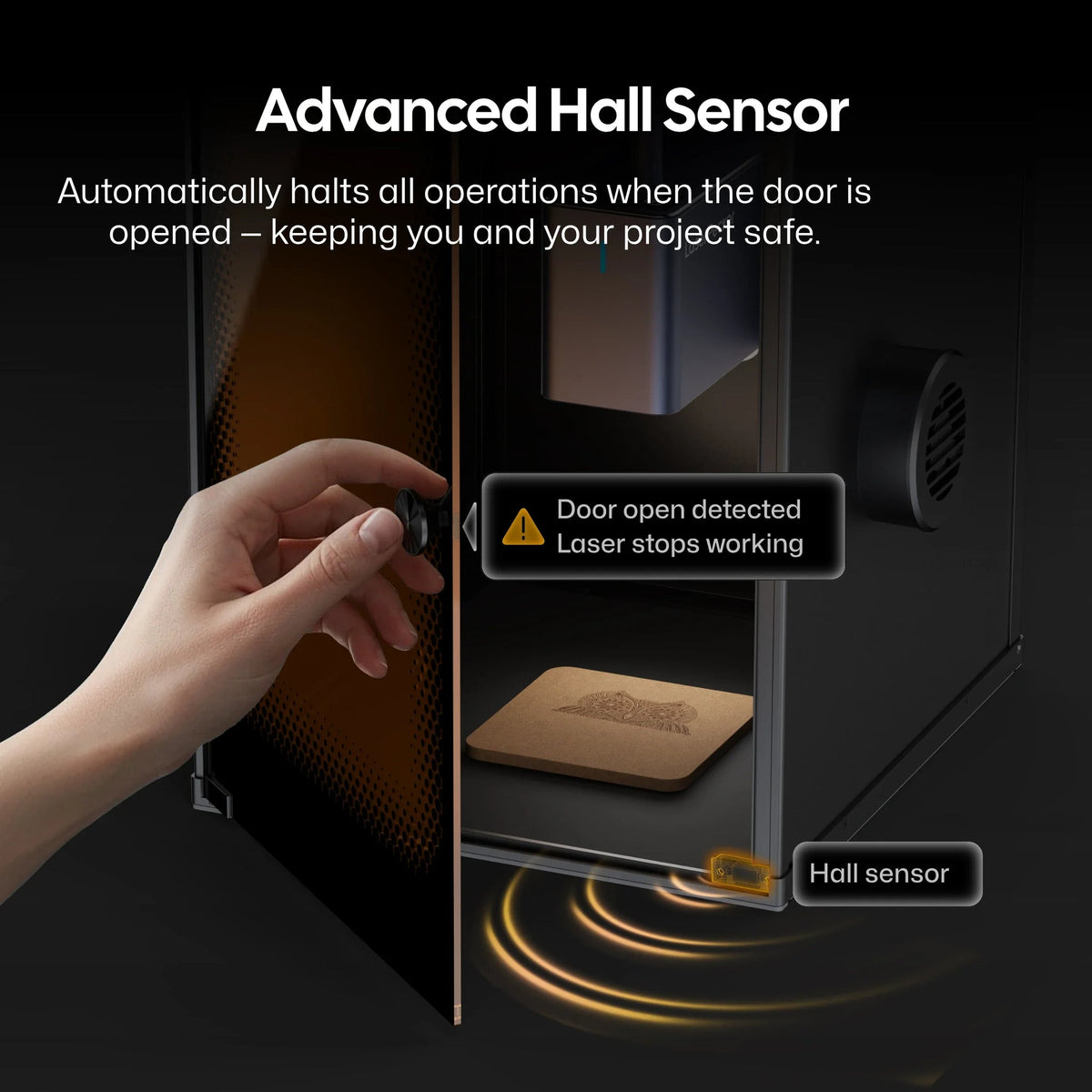 Enclosure door sensor pauses the laser when opened