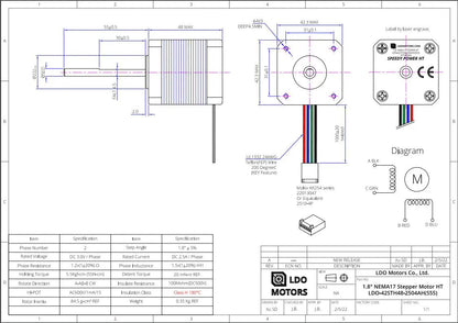 LDO Motors 42STH48-2504AH (S55) Super Power High Temp NEMA 17 Stepper Motor - High Performance High Temperature 55mm Shaft      3DPrintiverse.com